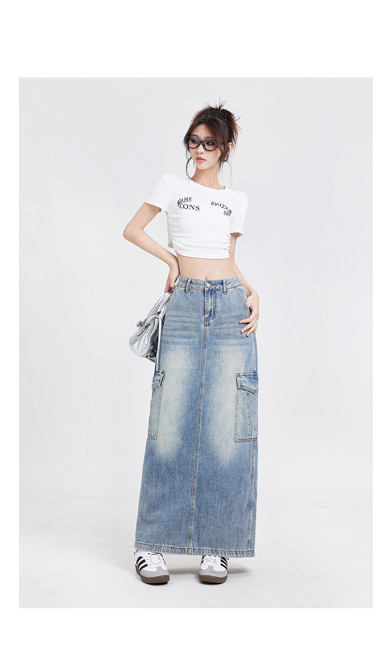 Women's A- Line Denim Skirt Fashion Wash Long Skirt