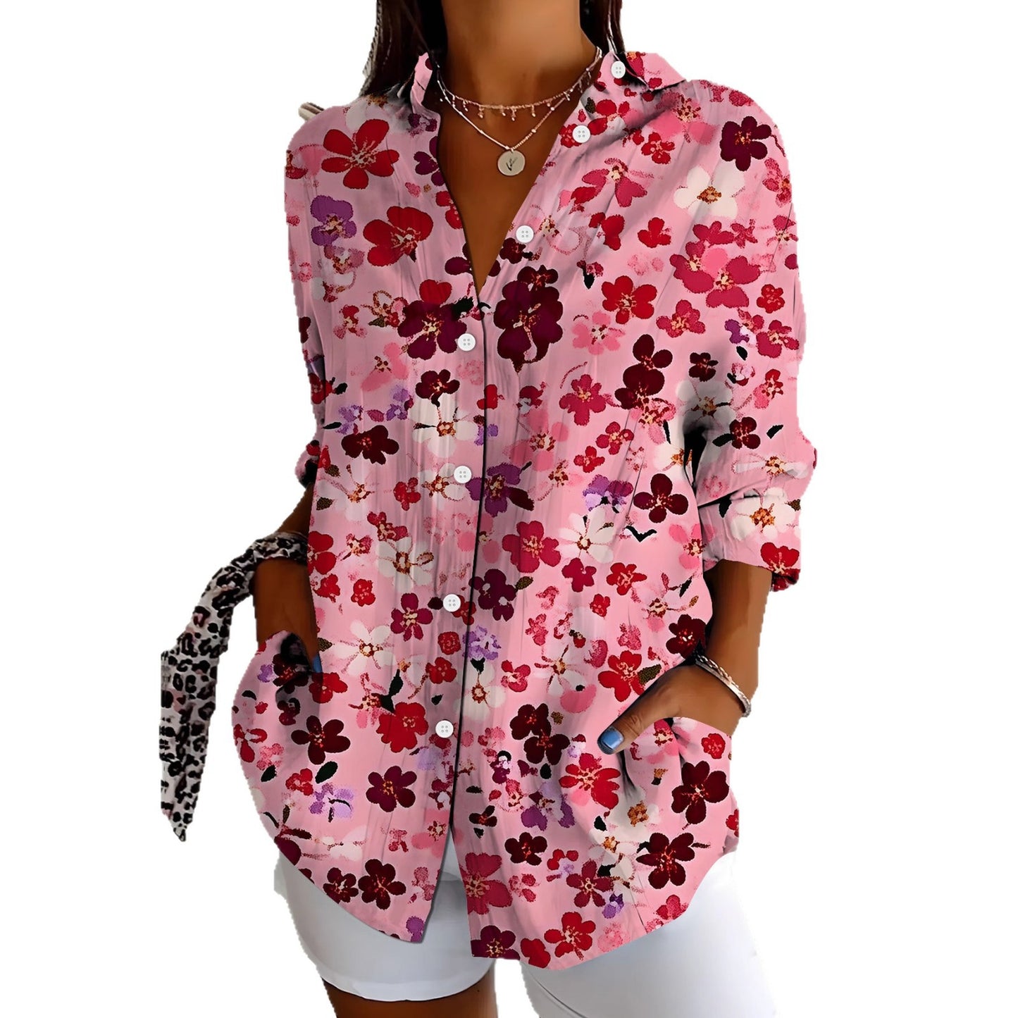 Womens Hawaiian-Style Floral Long-Sleeve Resort Shirt For Summer
