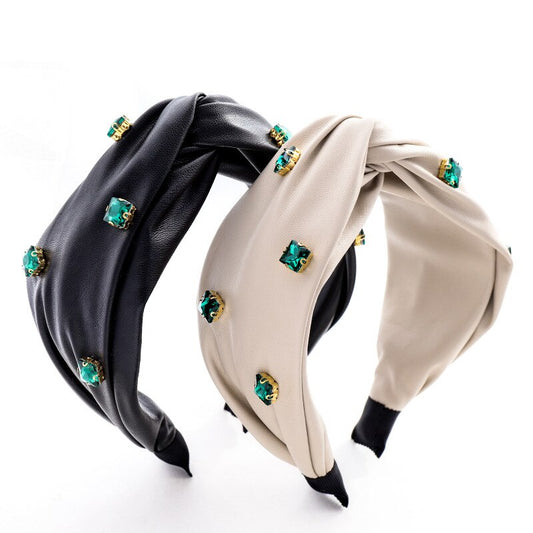 Leather Cross Knot Hairband Green Big Stone Headband Hair Accessories 23 orders