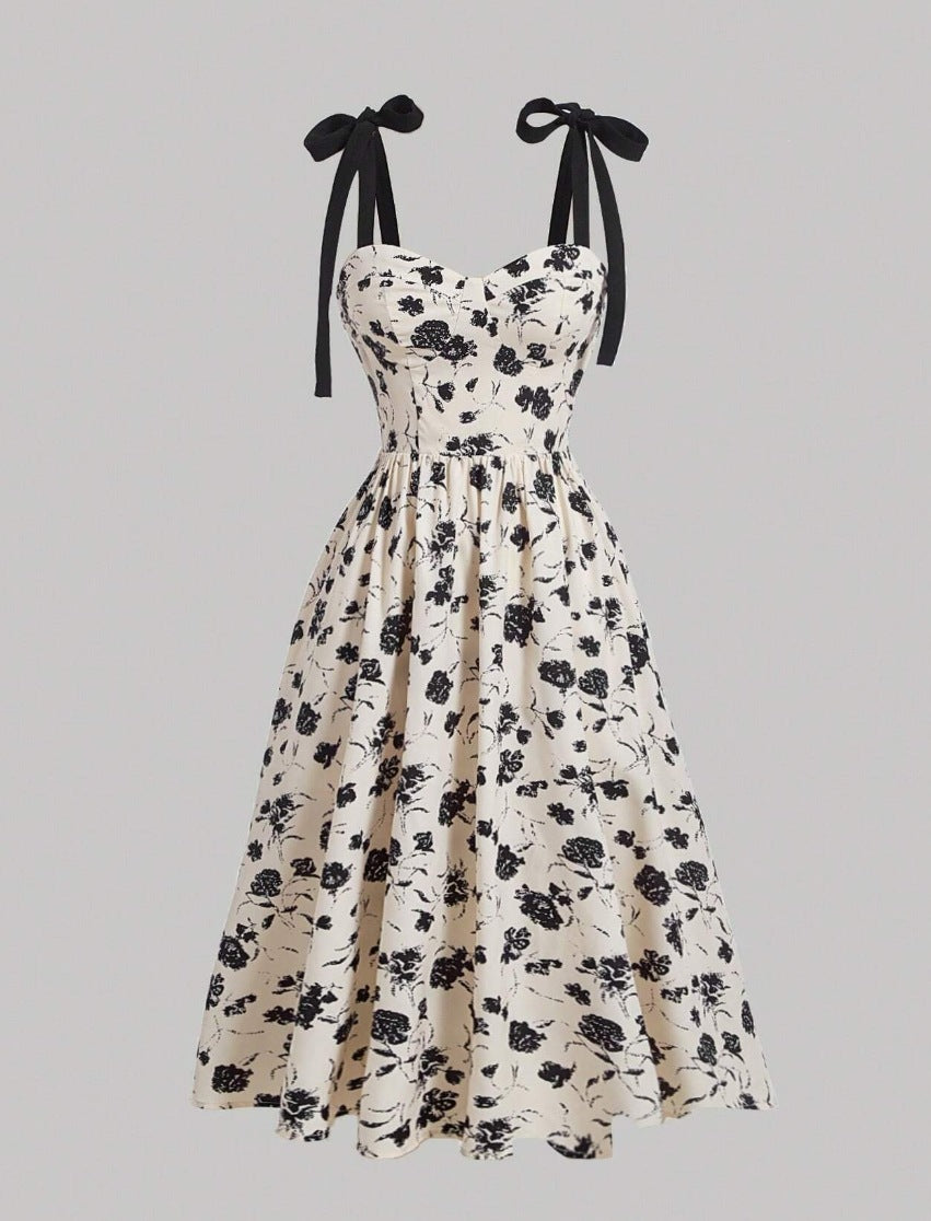 Elegant Lace-Up Shoulder With Floral Print Waist-Cinching Design Vacation-Ready Chic Casual Slip Dress