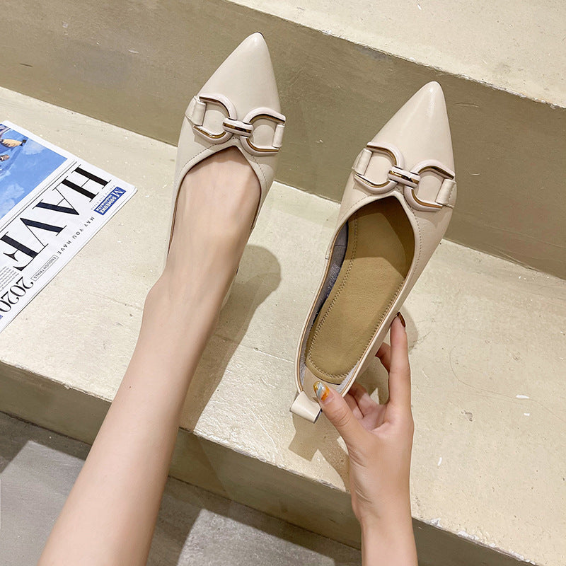 Leather All-match Metal Buckle Summer Flat With Shallow Pointed Toe
