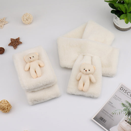Women's Cute Cartoon Bear Beige Plush Scarf