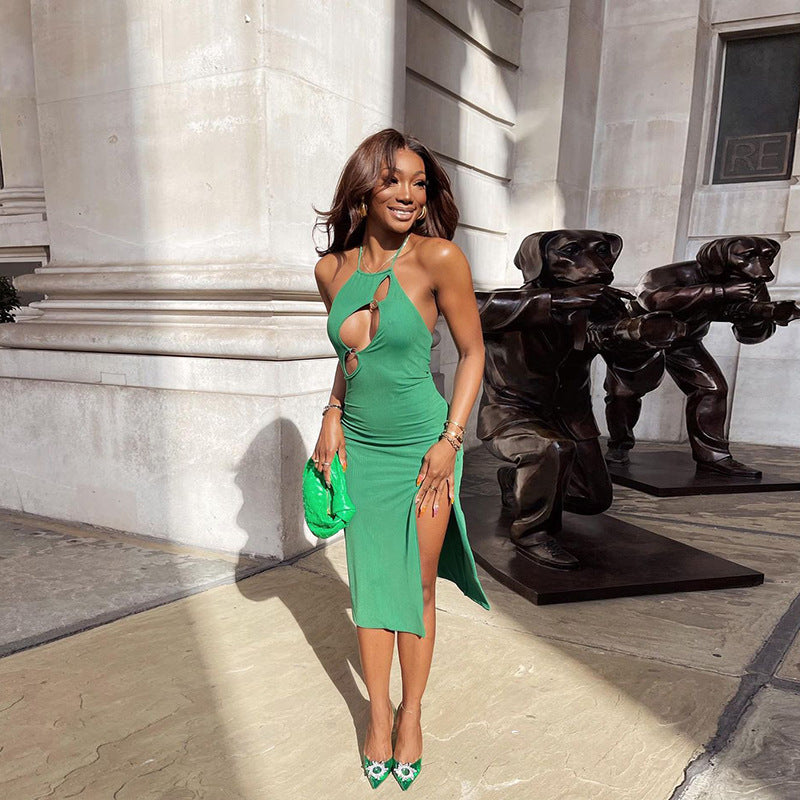 Lace-up Halterneck Hollow-out Sexy Backless Split Dress