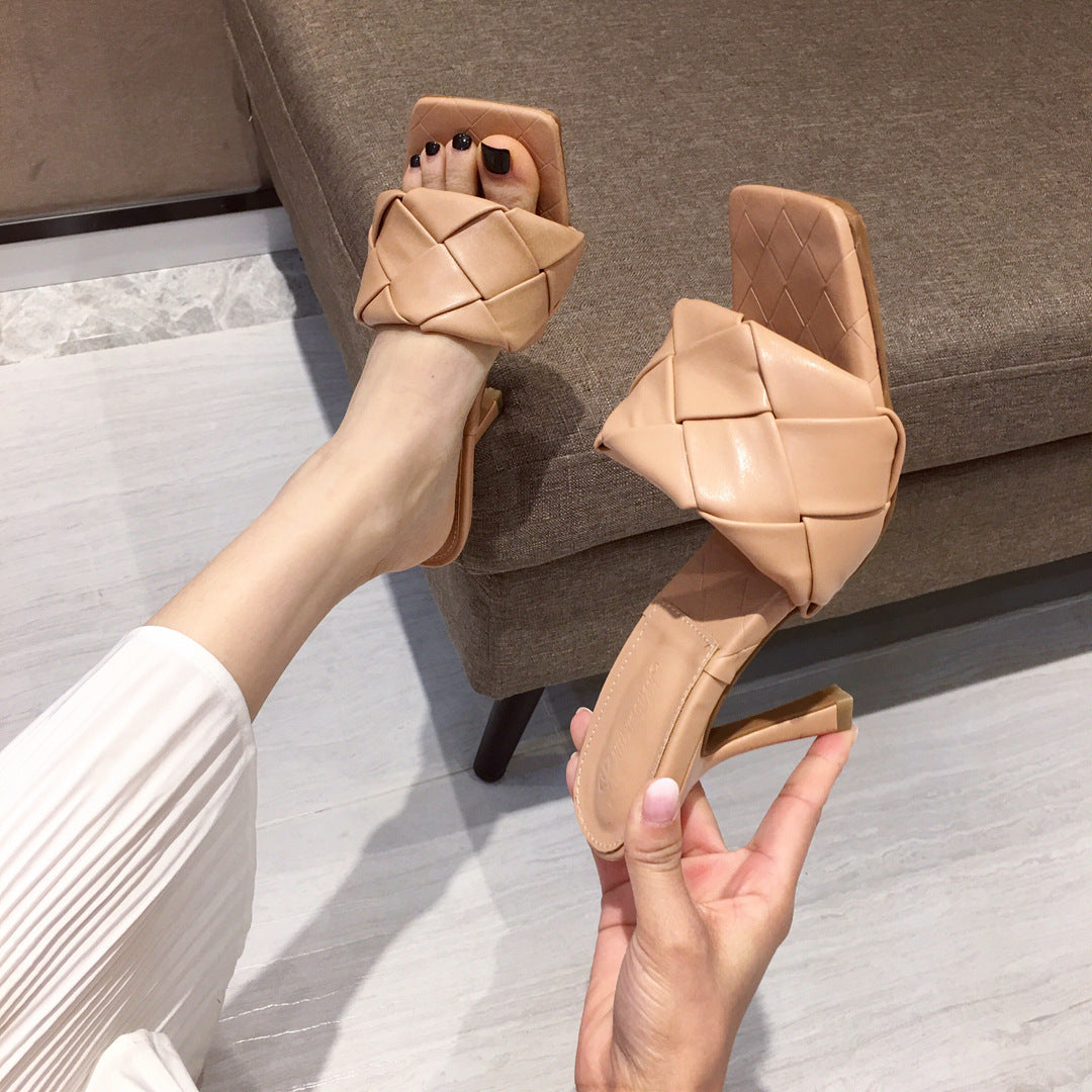 New Woven Square Toe Open-toed Sandals And Slippers