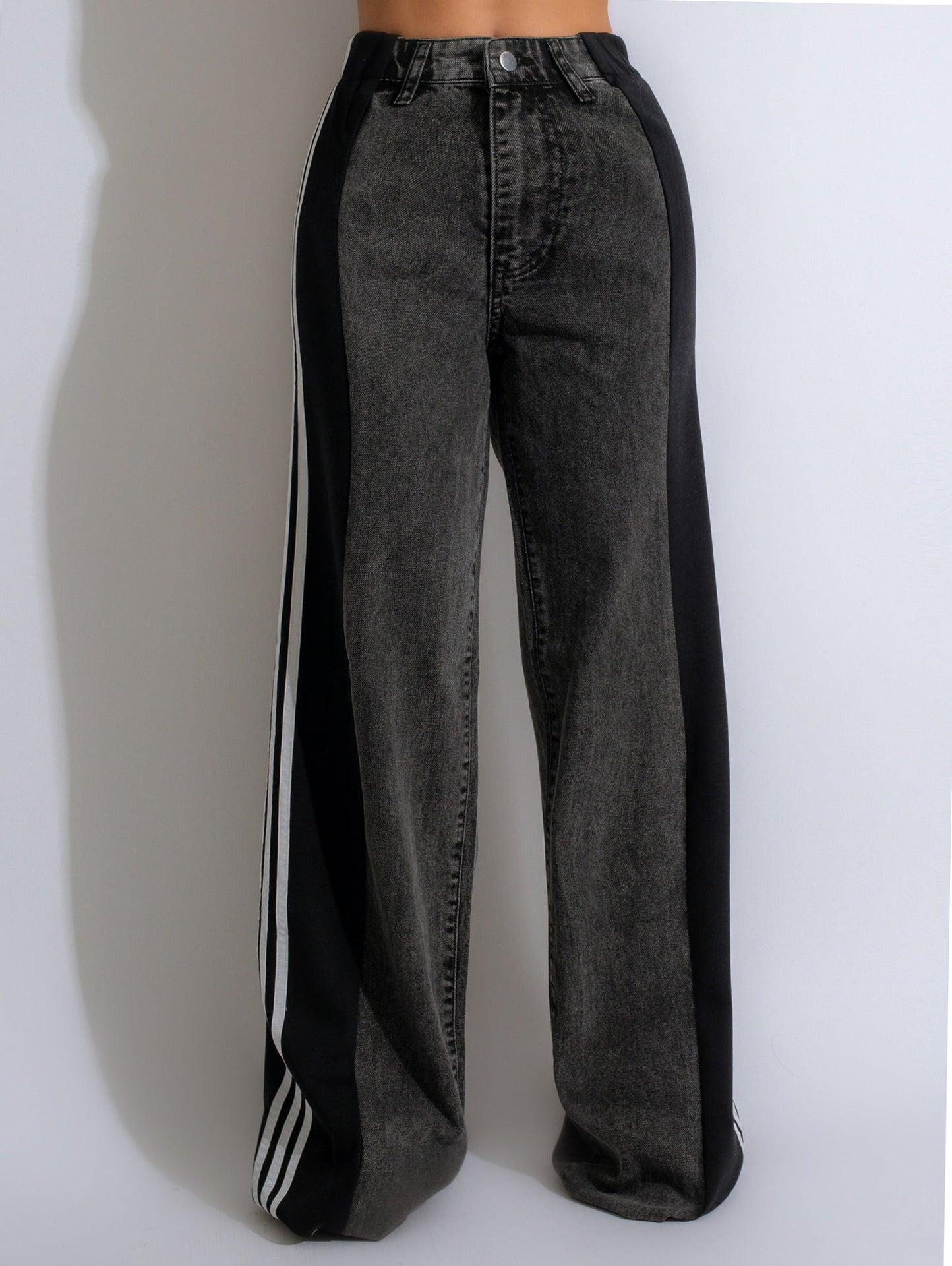 Summer Fashion Stitching Three Striped Wide Leg Denim Trousers For Women