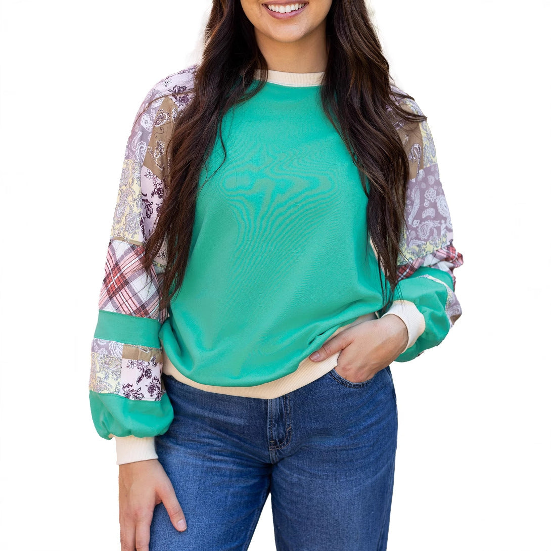 Blomstret Patchwork Løs Rundhalset Sweater Afslappet Løs