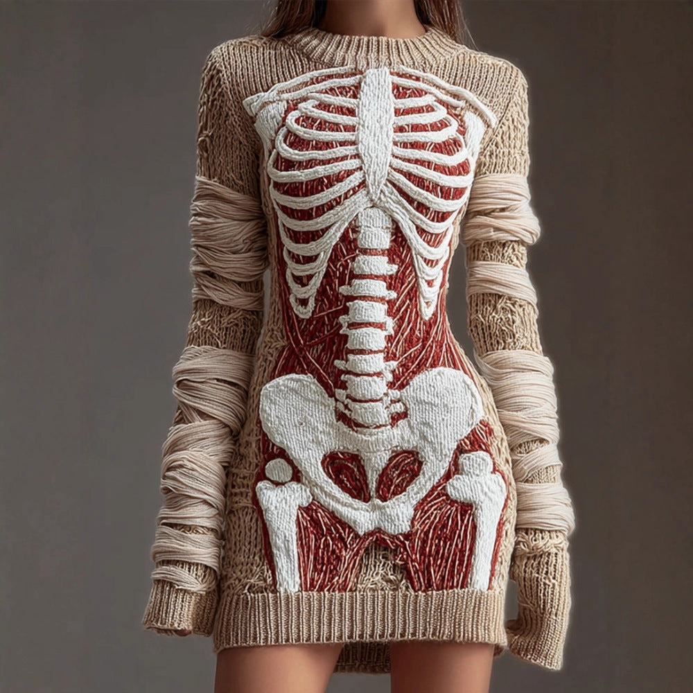 Halloween Street-style 3D Digital-print Skeleton Bodycon Skirt And Sweater Set For Europe And The US