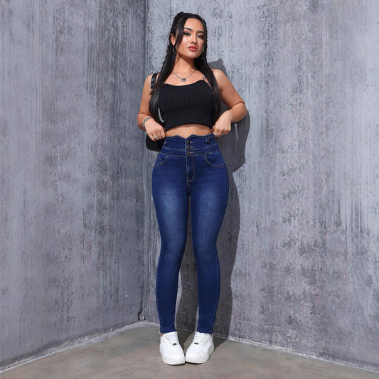 Strækbare højtaljede slim-fit denimjeans til kvinder