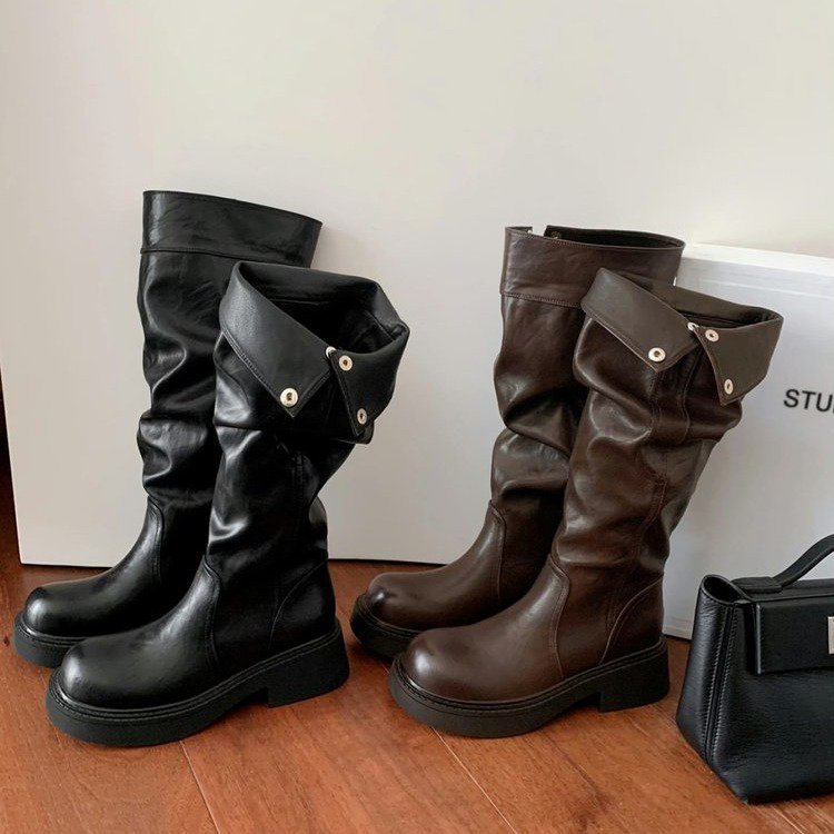 Women's 5cm Height-Enhancing Three-Dimensional Round-Toe Thick-Soled Chunky-Heel Riding Boots With Snap Buttons