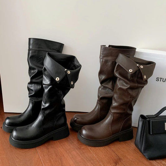 Women's 5cm Height-Enhancing Three-Dimensional Round-Toe Thick-Soled Chunky-Heel Riding Boots With Snap Buttons