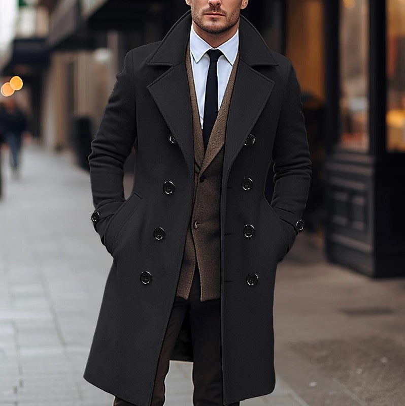 Men's Solid Color Mid-length Wool Coat Korean Style Double-breasted Jacket