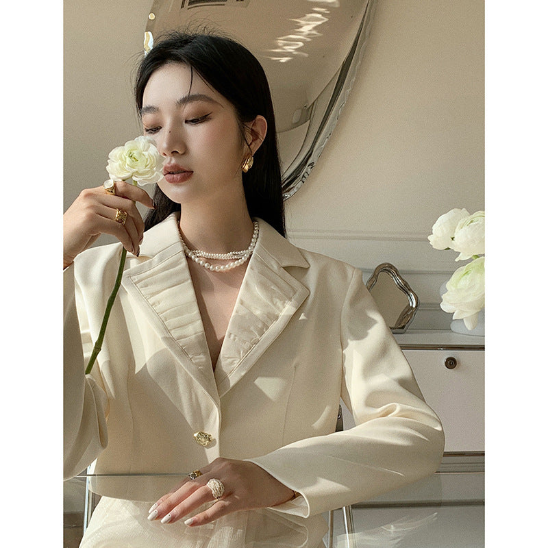Women's French Patchwork Gold Button Shoulder Pad Blazer