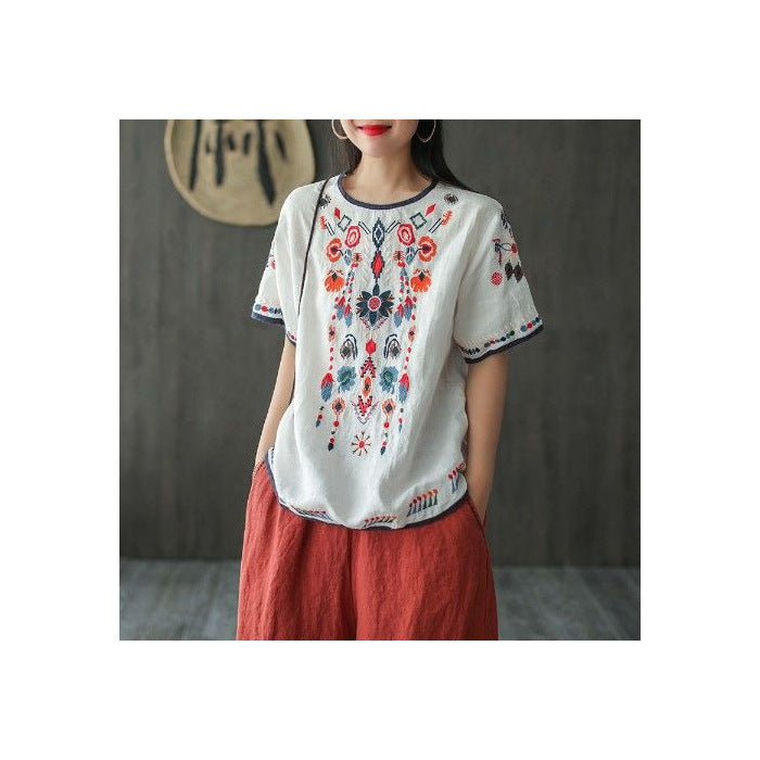 Cotton And Linen Embroidered T-shirt Artistic Loose Pullover Top