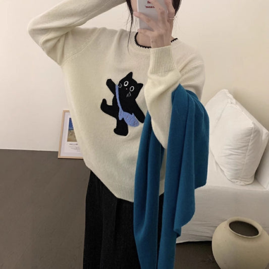 Women's All-match Cartoon Cat Round Neck Knitted Sweater