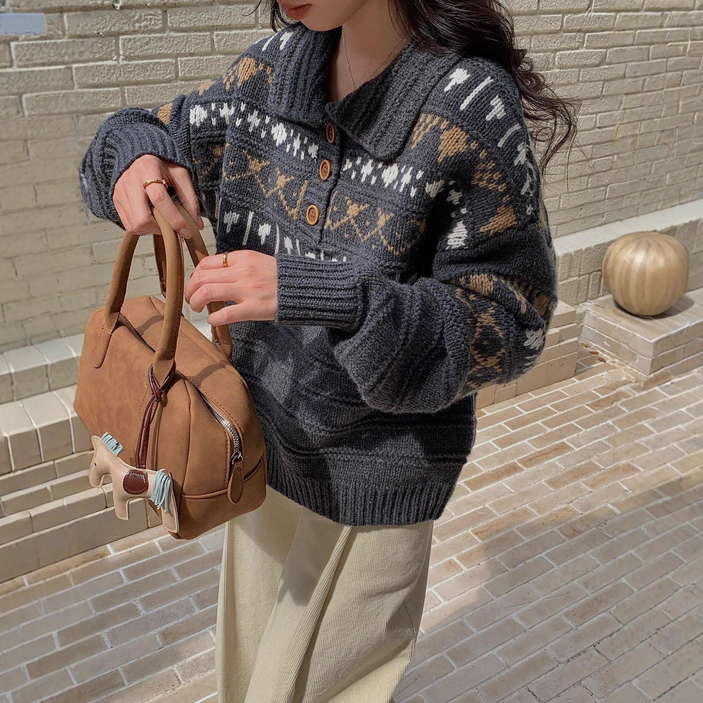 Fair Isle Jacquard Soft Long Sleeve Knit Sweater Coat