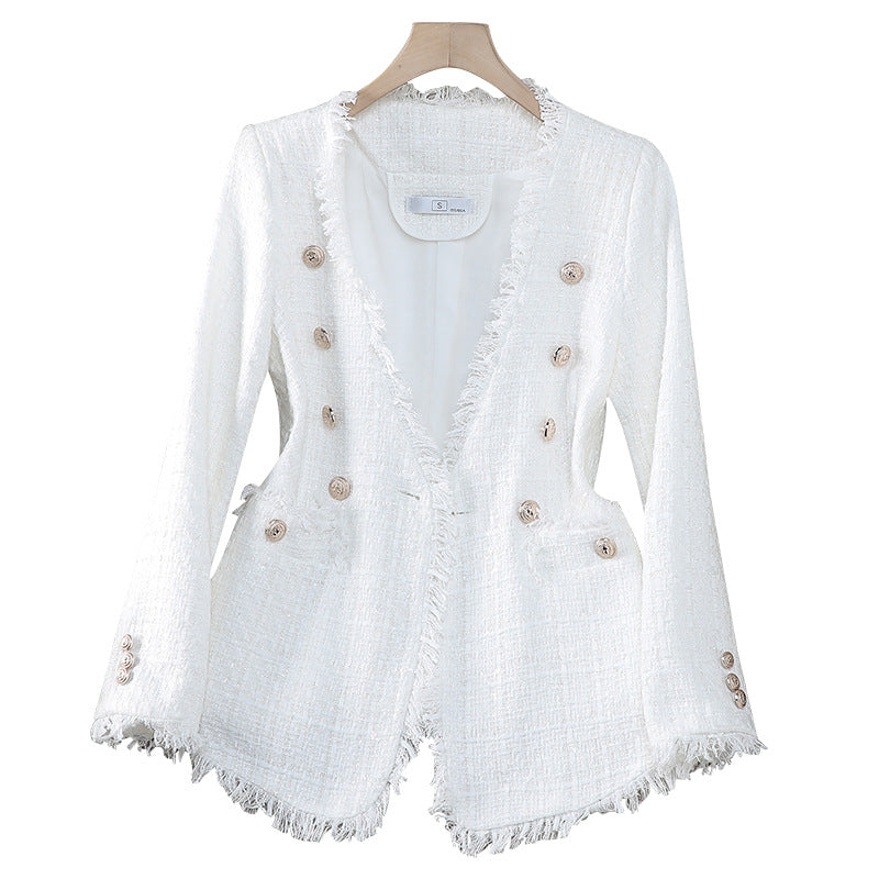 French Socialite Elegant V-neck Double-breasted Tweed Top