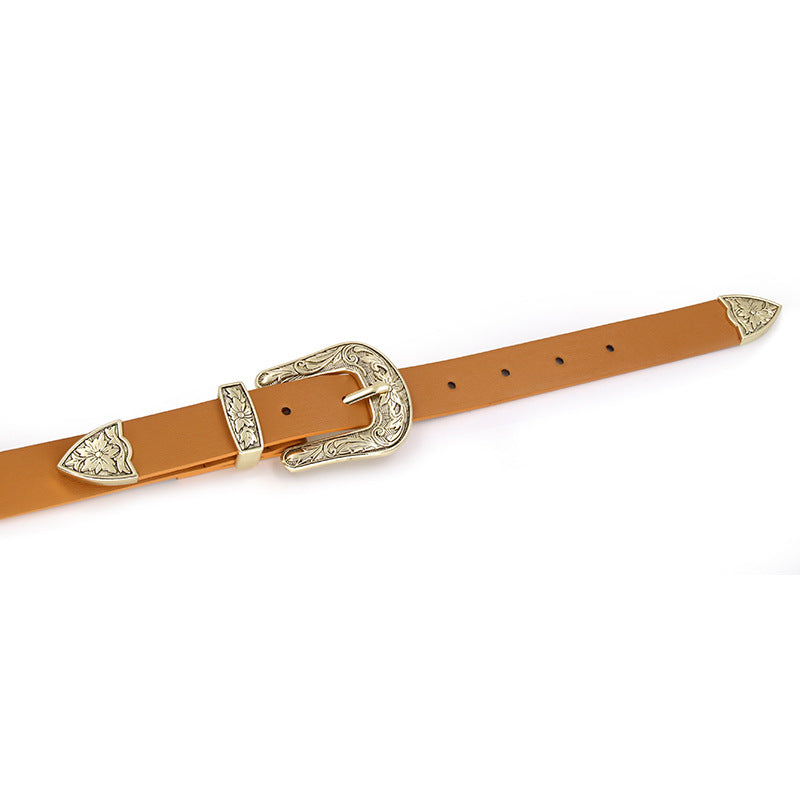 Double buckle vintage carved belt