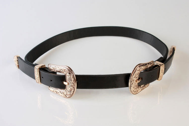 Double buckle vintage carved belt