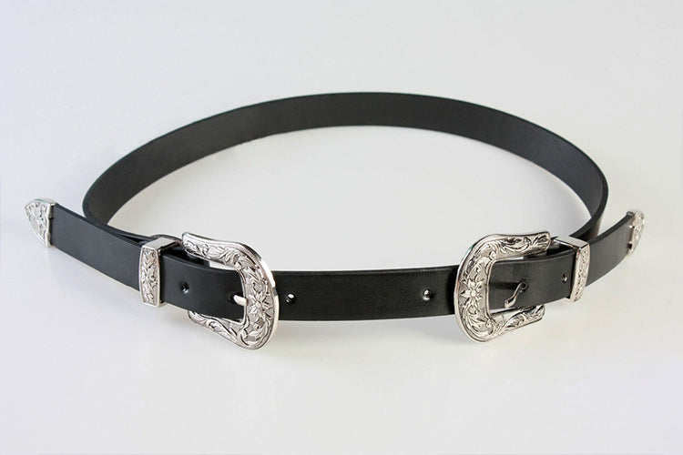 Double buckle vintage carved belt