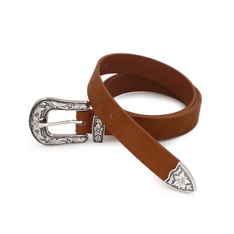 Double buckle vintage carved belt
