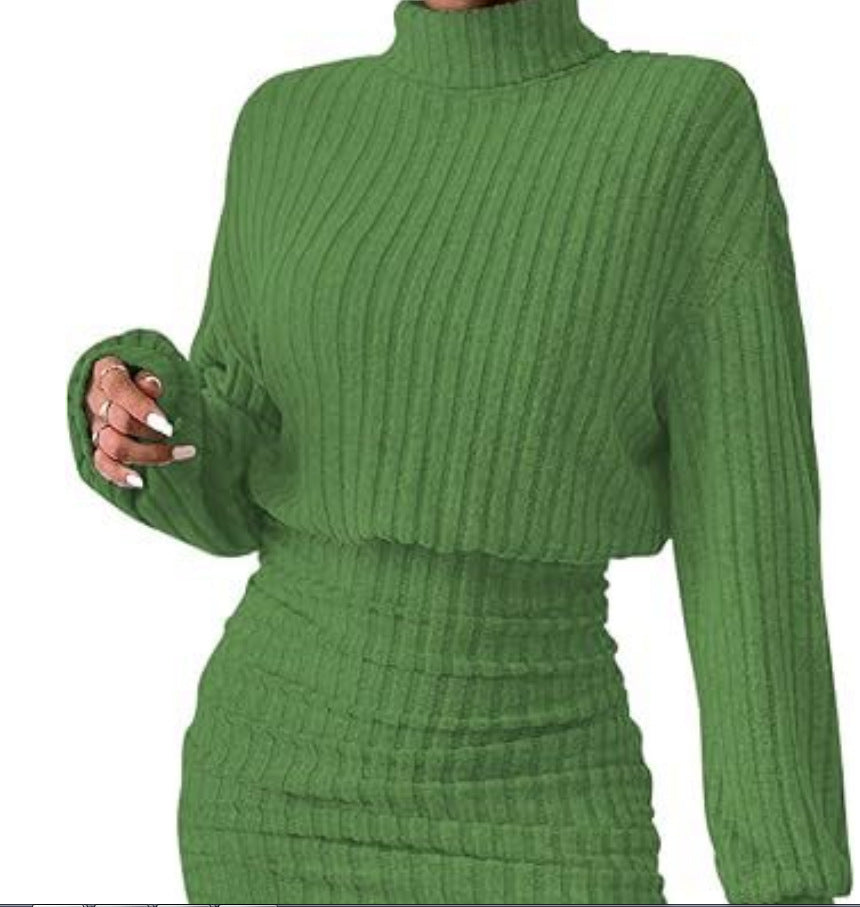 Hug-hem Long-sleeve Turtleneck Skirt Rib-knit Dress