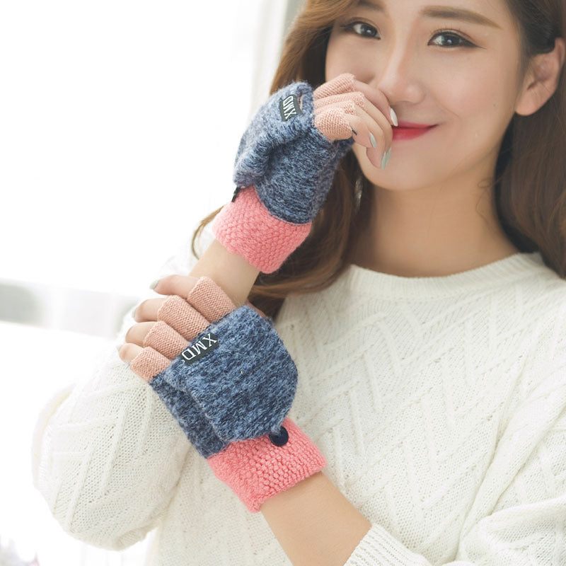 Women's half finger gloves wholesale female autumn winter Korean version of warm lovable double use of double finger wool gloves students