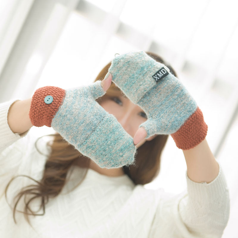 Women's half finger gloves wholesale female autumn winter Korean version of warm lovable double use of double finger wool gloves students