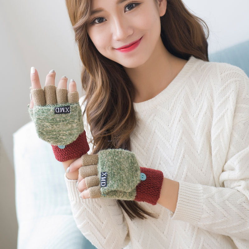 Women's half finger gloves wholesale female autumn winter Korean version of warm lovable double use of double finger wool gloves students