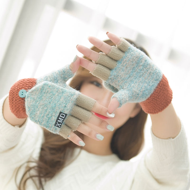 Women's half finger gloves wholesale female autumn winter Korean version of warm lovable double use of double finger wool gloves students