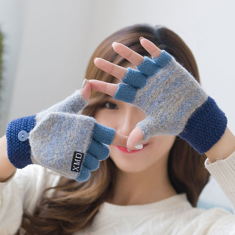 Women's half finger gloves wholesale female autumn winter Korean version of warm lovable double use of double finger wool gloves students