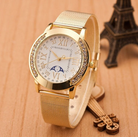 Double row diamond gold net with watch Roman numeral scale water diamond English watch