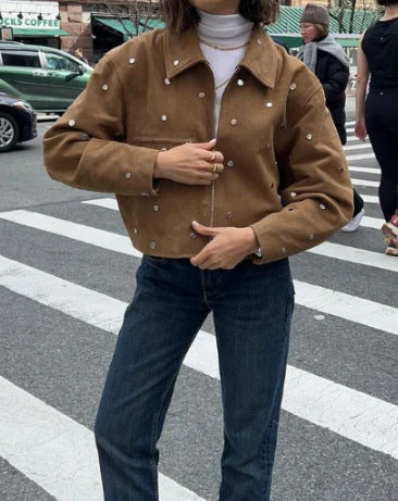 Vintage Brown Lapel Studded Suede Jacket Coat