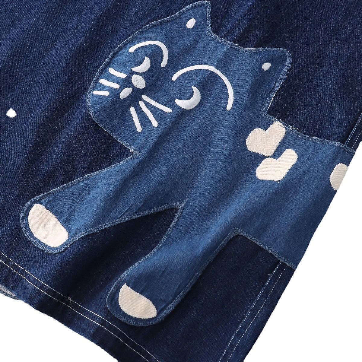 Japanese Vintage Style Cat Paste Cloth Embroidery Dark Blue Thin Washed Denim Skirt