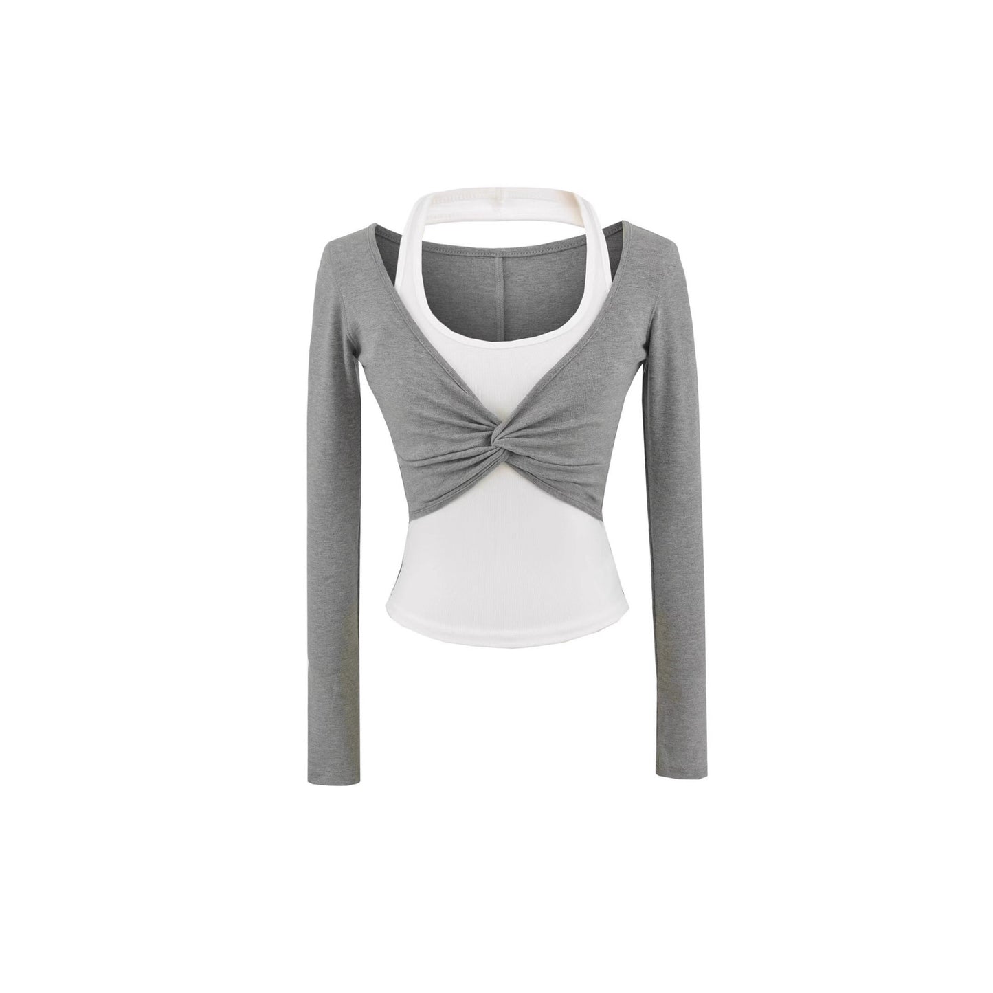 Women's Halterneck Colorblock Fake Two-Piece Long-Sleeve Top