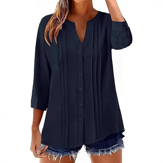 Pleated Casual Solid-Color Loose Cotton-Linen Shirt