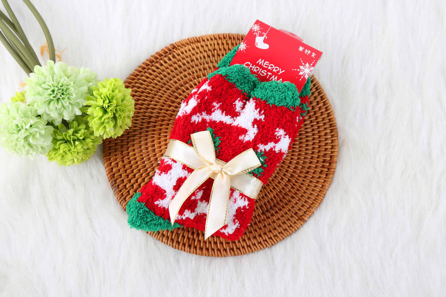 Winter Christmas Stockings Women's Thickened Bow Long Tube Fleece-lined