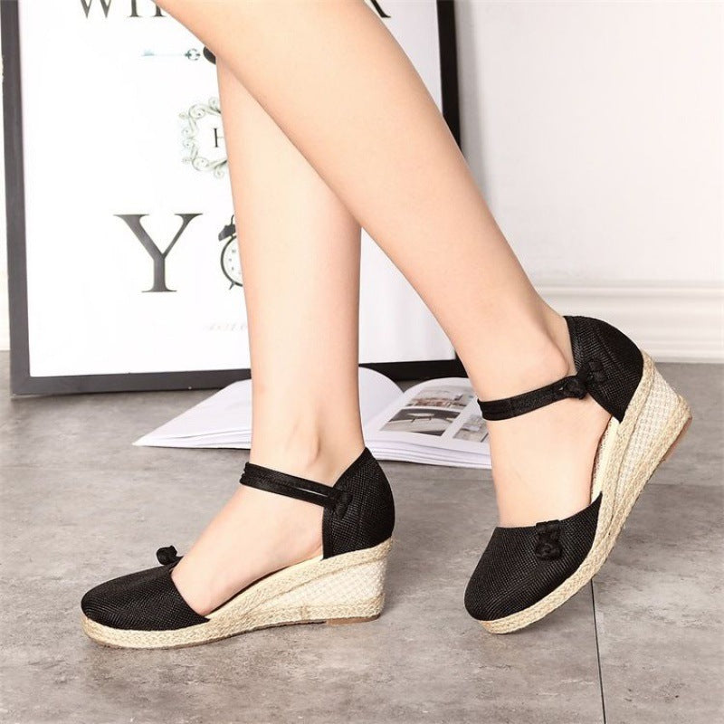 Wedge With Ethnic Style Women Embroidered Shoes, High-heeled Fish Mouth Sandals
