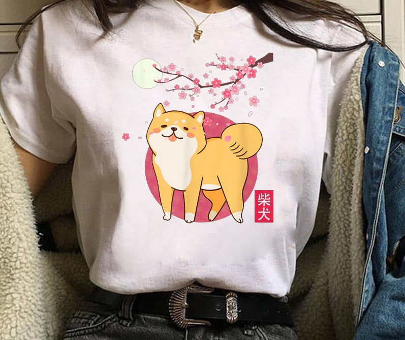 Cute Shiba Inu Print Men And Women Couple T-shirt Bottoming