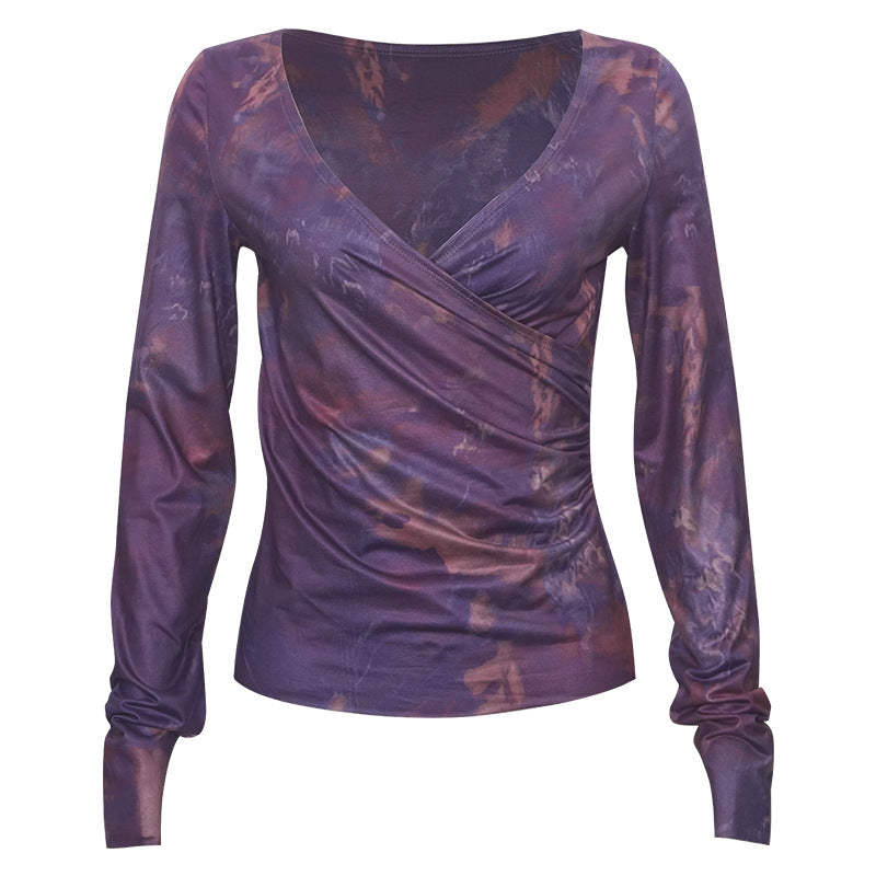 Purple Ombre V-neck Pleated Waist-slimming Long-sleeve Women's T-shirt
