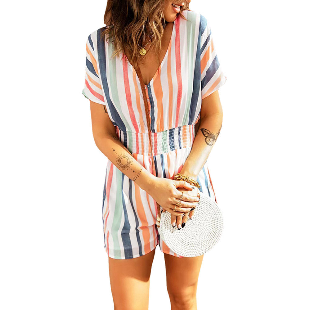 Summer Fashion New Women's Elastic Waist Striped Women's Print V-Neck Button Bodysuit