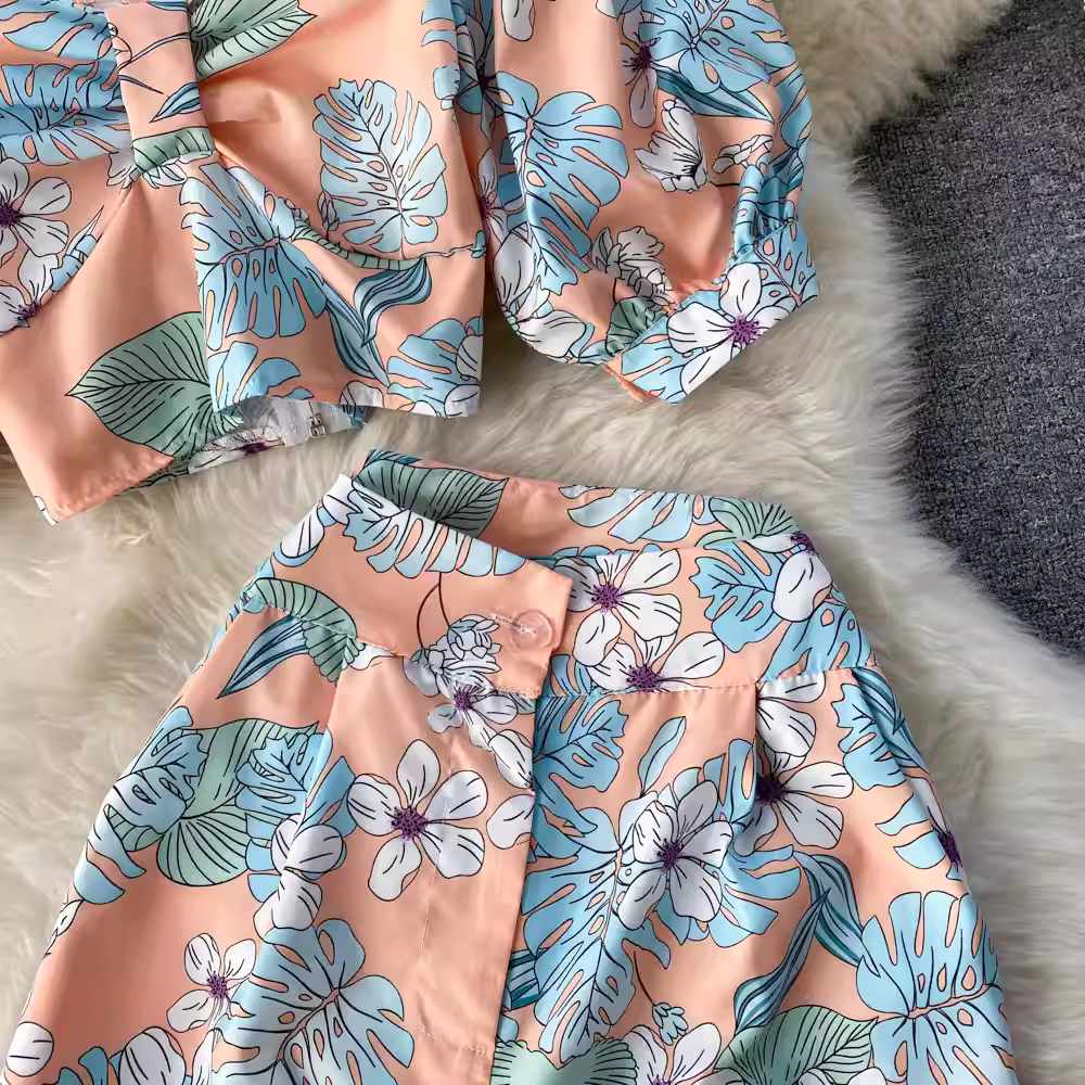 Off Shoulder Puff Sleeve Cropped Top And Printed High Waist Wide Leg Pants Two Piece Set