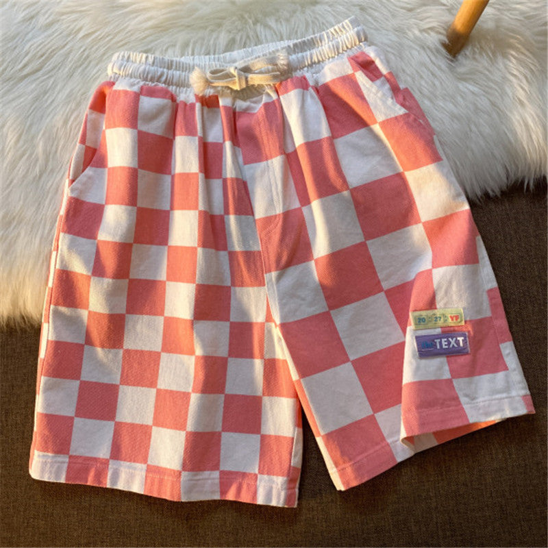 Contrasting Plaid Sports Shorts Loose Wide-leg Trendy Wild Straight Five-point Pants