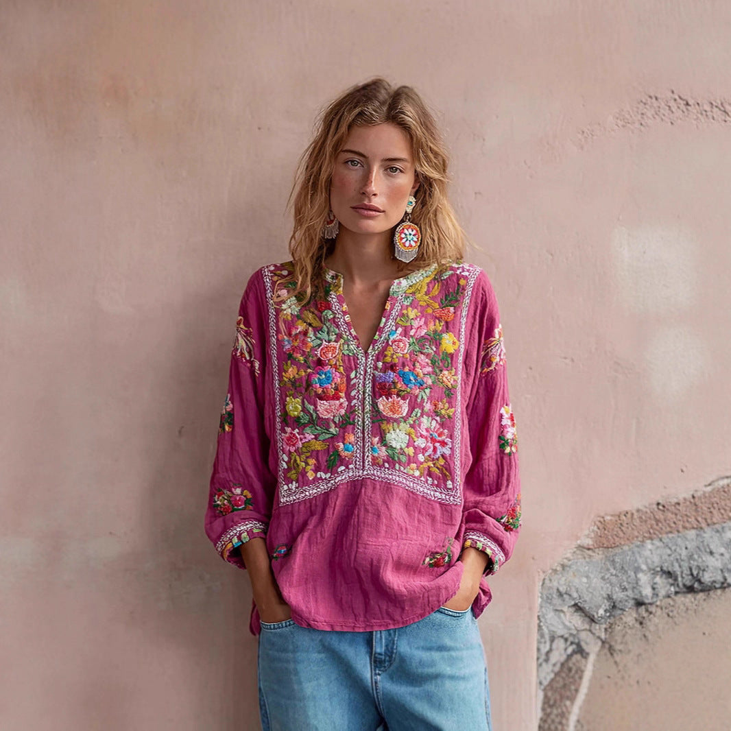 Womens Printed Linen Long-Sleeve Shirt Top