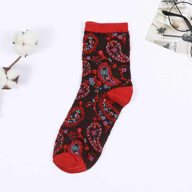 Ethnic French Romantic Vintage Flower Women's Medium Cotton Socks