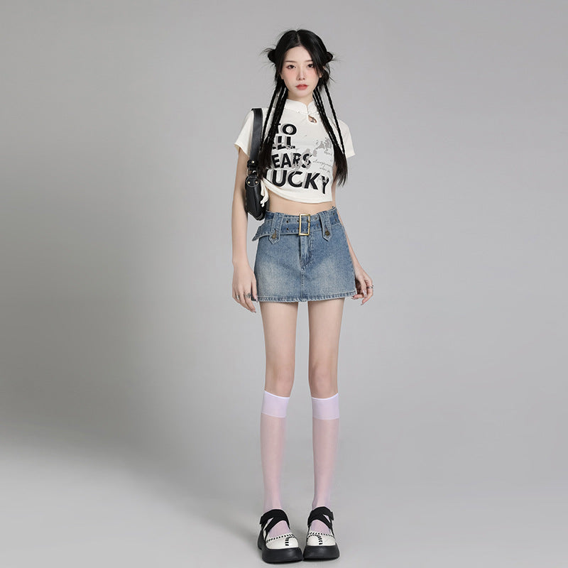 line Figure-flattering Vintage-style Lined Blue Denim Skirt For Women