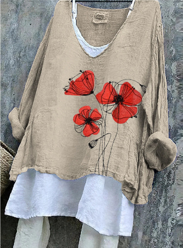 Retro Flowers Art Linen Long-sleeve Top