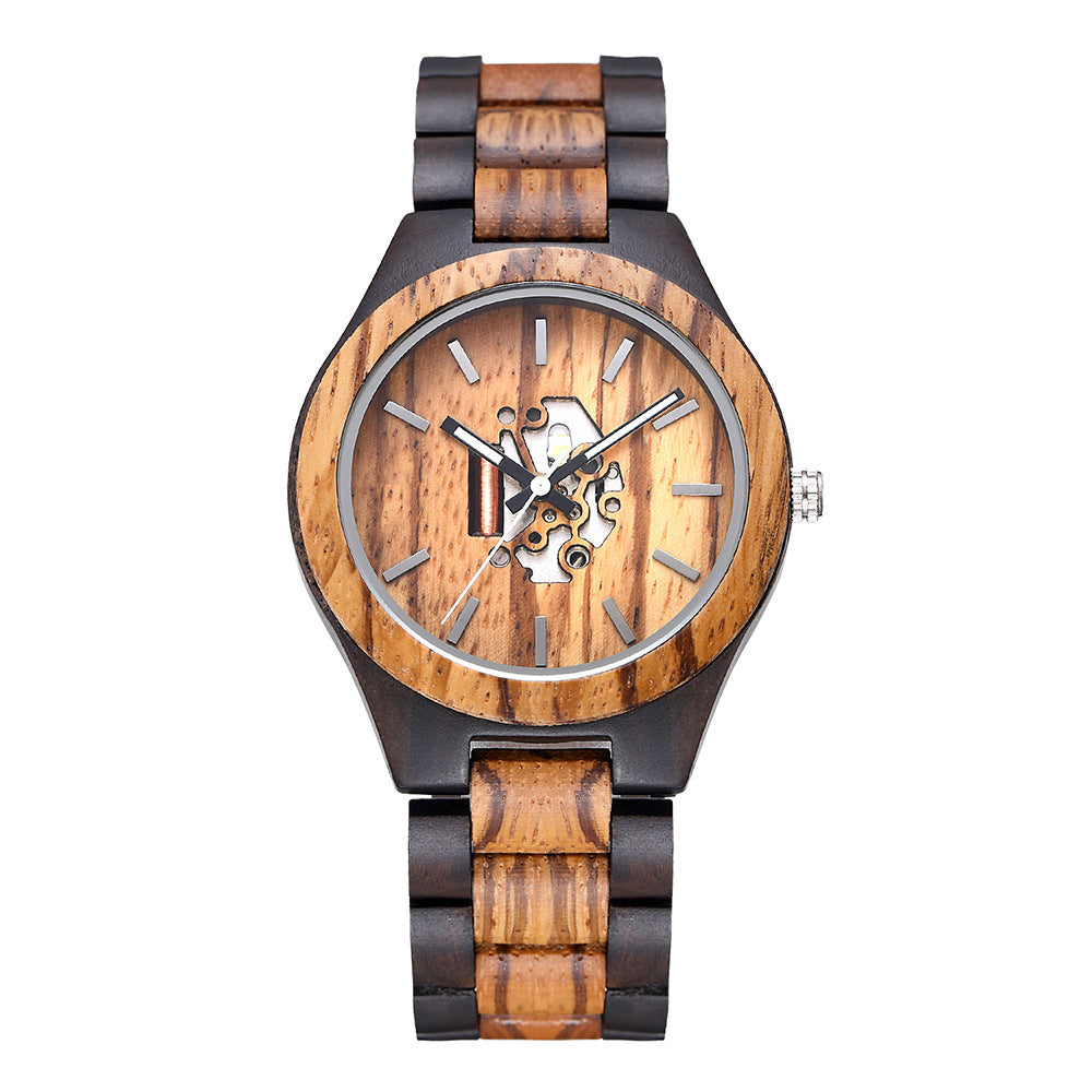 Men's skeleton wooden watch