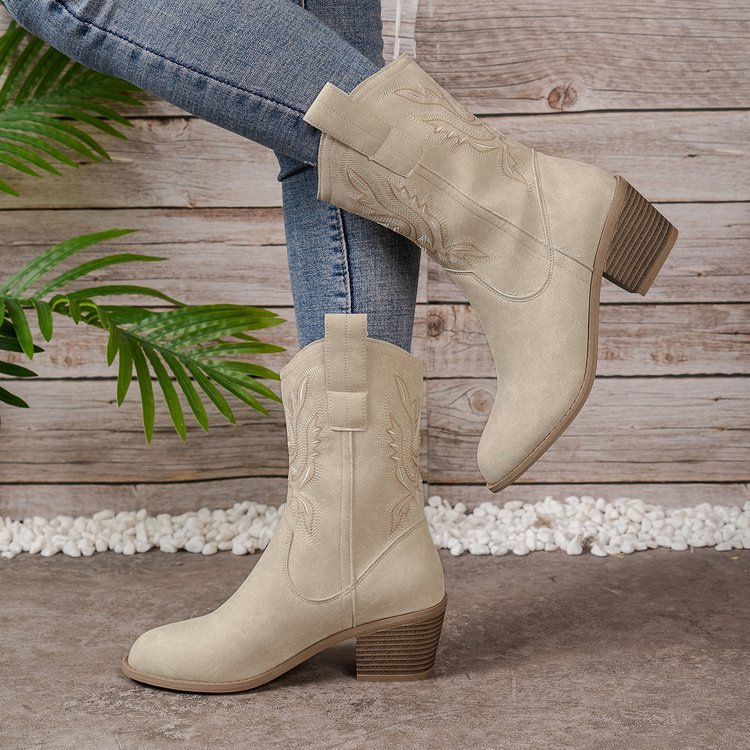 V Cut Embroidered Sleeve Thick Heel Middle Denim Women's Boots