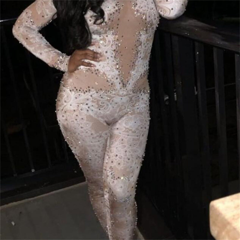 Women's Fashion Print Full Diamond Long-sleeved Jumpsuit