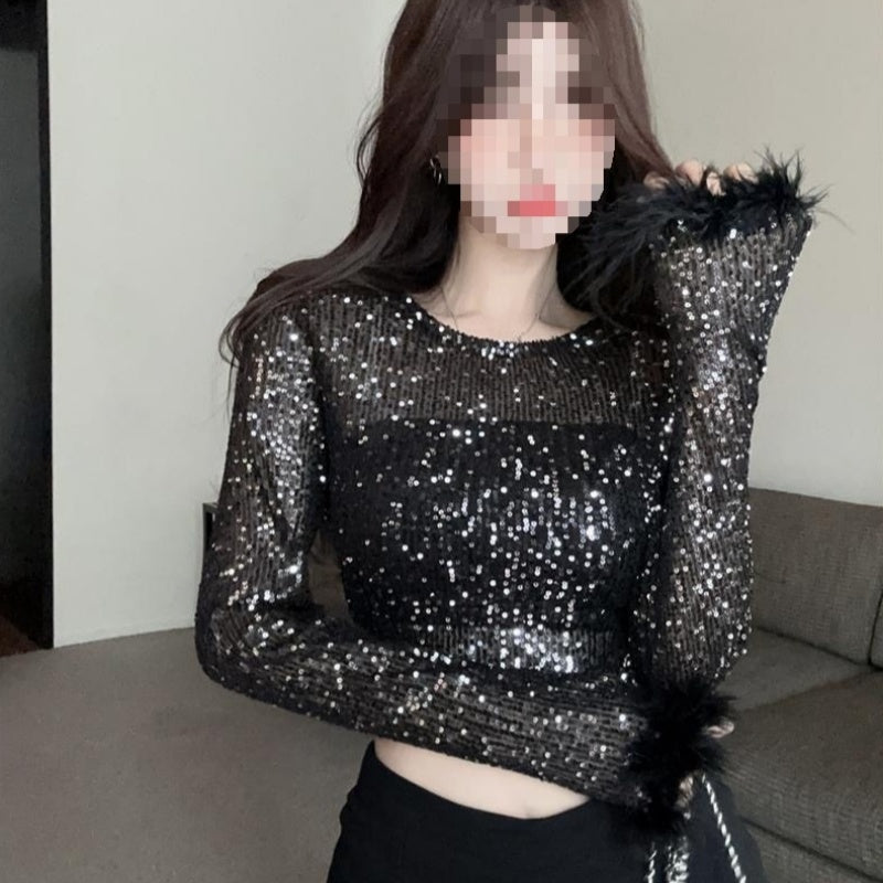Hot Girl Paillet Besat Skinnende Top Manchet Syninger Strudsefjer Langærmet Kort